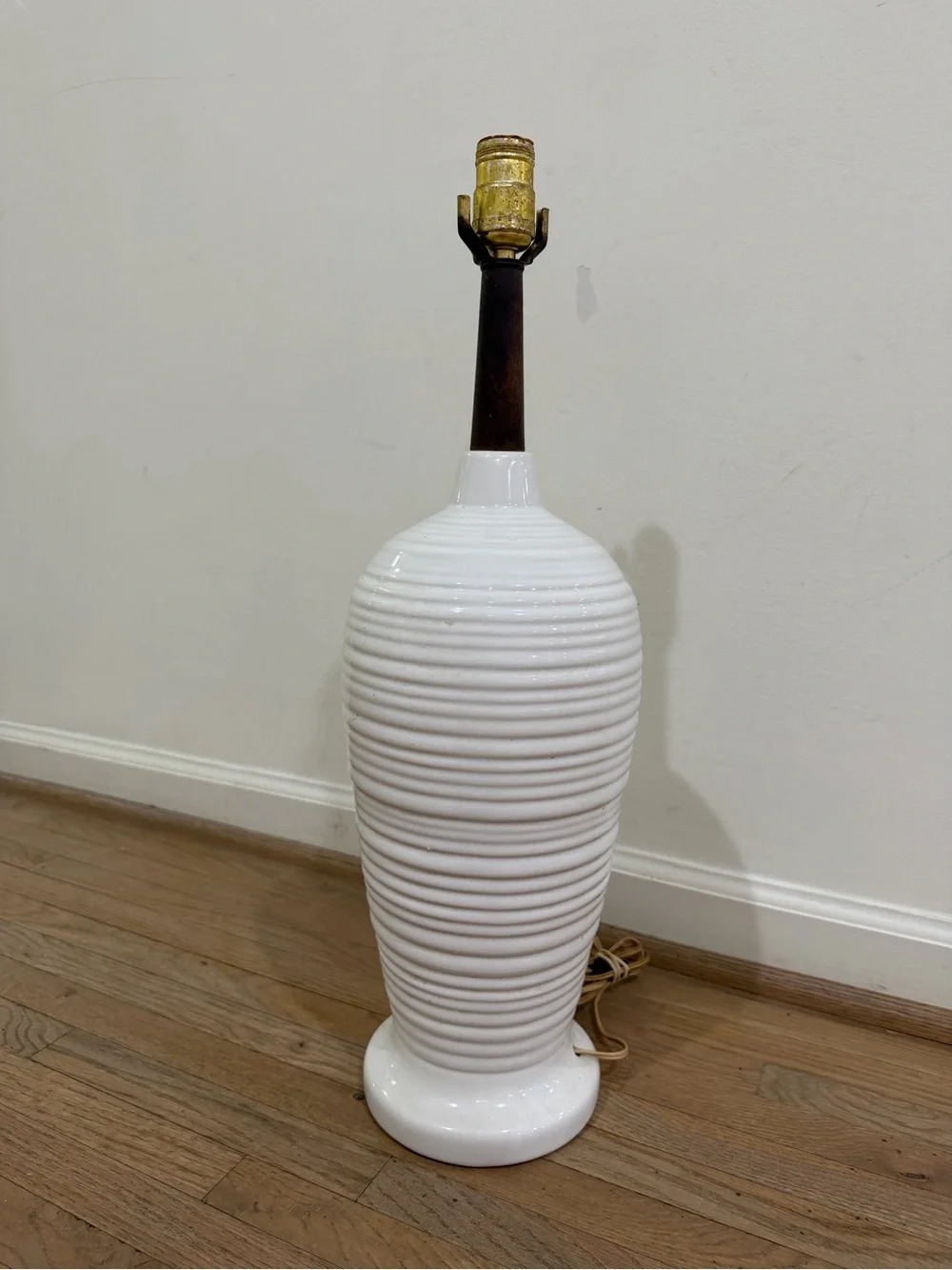 mid-century modern ribbed white glazed ceramic and walnut vase-shaped table lamp